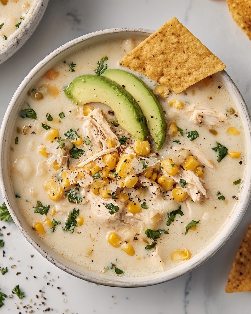 A round white bowl filled with creamy, beige corn chowder, with visible yellow corn kernels and shredded white chicken pieces scattered throughout. On top, there are two slices of light green avocado placed to one side and a single large, square-shaped tortilla chip standing upright on the opposite side. Small flecks of fresh green herbs, possibly cilantro, and black pepper are sprinkled generously on the surface, adding color contrast. The bowl sits on a white marbled surface with some black pepper sprinkled nearby, enhancing the fresh, homemade feeling. Photo taken with an iphone --ar 4:5 --v 7