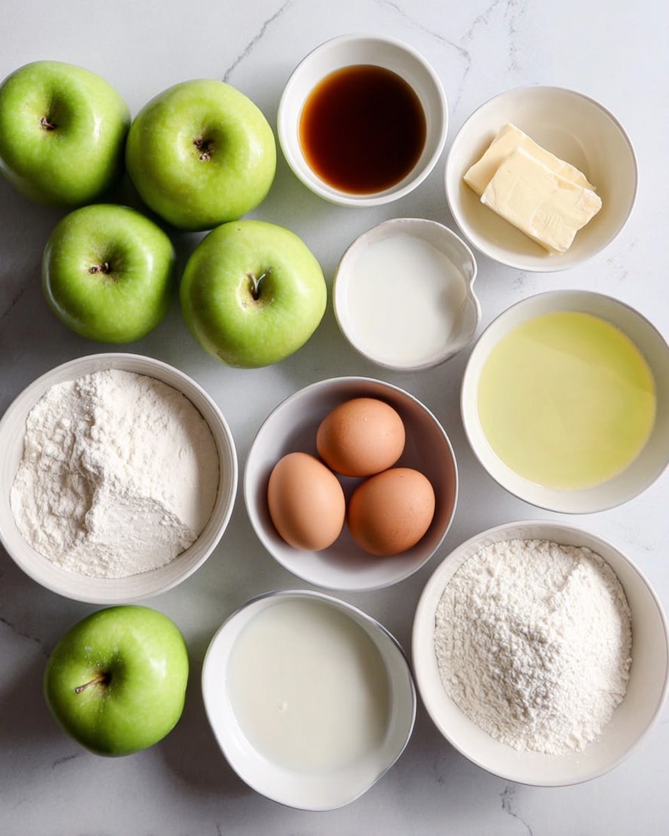 The image shows a white marbled surface with bowls and apples arranged neatly. There are four green apples placed together on the left side. Around them, there are several white bowls containing baking ingredients: white flour, sugar, eggs, milk, melted butter, and vanilla extract. Two light brown eggs sit in a white bowl near the center. The bowls have different shapes, some round and some oval, each filled with different ingredients, creating a variety of white, off-white, yellow, and brown colors. photo taken with an iphone --ar 4:5 --v 7