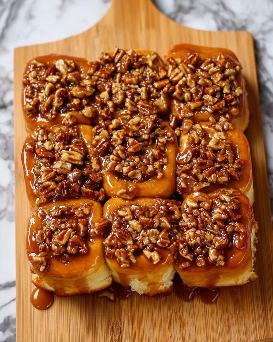 The image shows a wooden board holding nine sticky buns arranged in a 3x3 grid. Each bun has a light golden-brown dough base, topped generously with a thick layer of caramel glaze that is shiny and rich in color. Chopped pecans are sprinkled densely on top of each bun, adding texture and a mix of golden brown and darker brown hues. The buns are close together, and the glaze lightly seeps down the sides, connecting them. The background features a white marbled texture visible beyond the board edges. Photo taken with an iphone --ar 4:5 --v 7