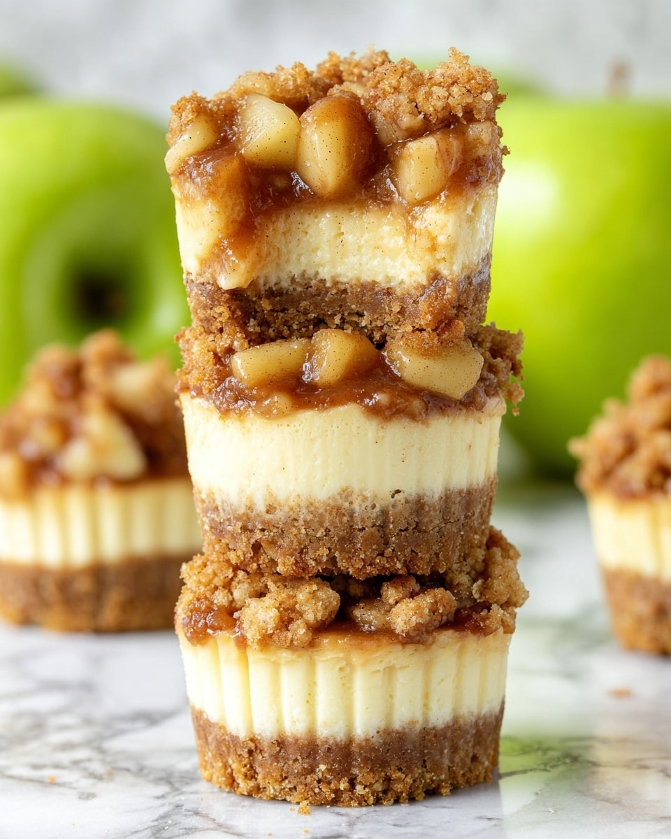 The image shows a stack of three mini cheesecakes on a white marbled surface. Each cheesecake has three layers: the bottom layer is a crumbly, golden-brown crust; the middle layer is a smooth, creamy pale yellow cheesecake; the top layer is a chunky apple topping with cinnamon, featuring small, glossy apple pieces in a warm brown sauce, all covered by a rough, golden crumbly streusel. The top cheesecake is cut in half, revealing its detailed layers inside. The background is blurred with bright green apples visible. Photo taken with an iphone --ar 4:5 --v 7