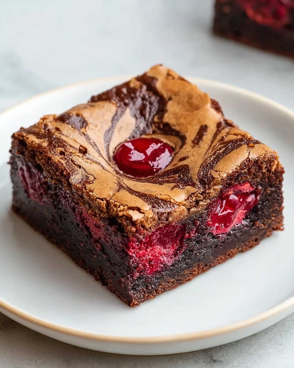 Three square chocolate brownies sit on a white plate over a wooden table. Each brownie has a cracked, light brown top layer revealing a dense, dark chocolate base. Swirled into the center of each brownie is a glossy, deep red fruit jam that looks thick and shiny. Thin, dark chocolate drizzle adds extra decoration over the top, creating a striped pattern. The brownies have about two layers visible: a moist chocolate bottom and a lighter cracked crust with the jam swirl on top. Photo taken with an iphone --ar 4:5 --v 7