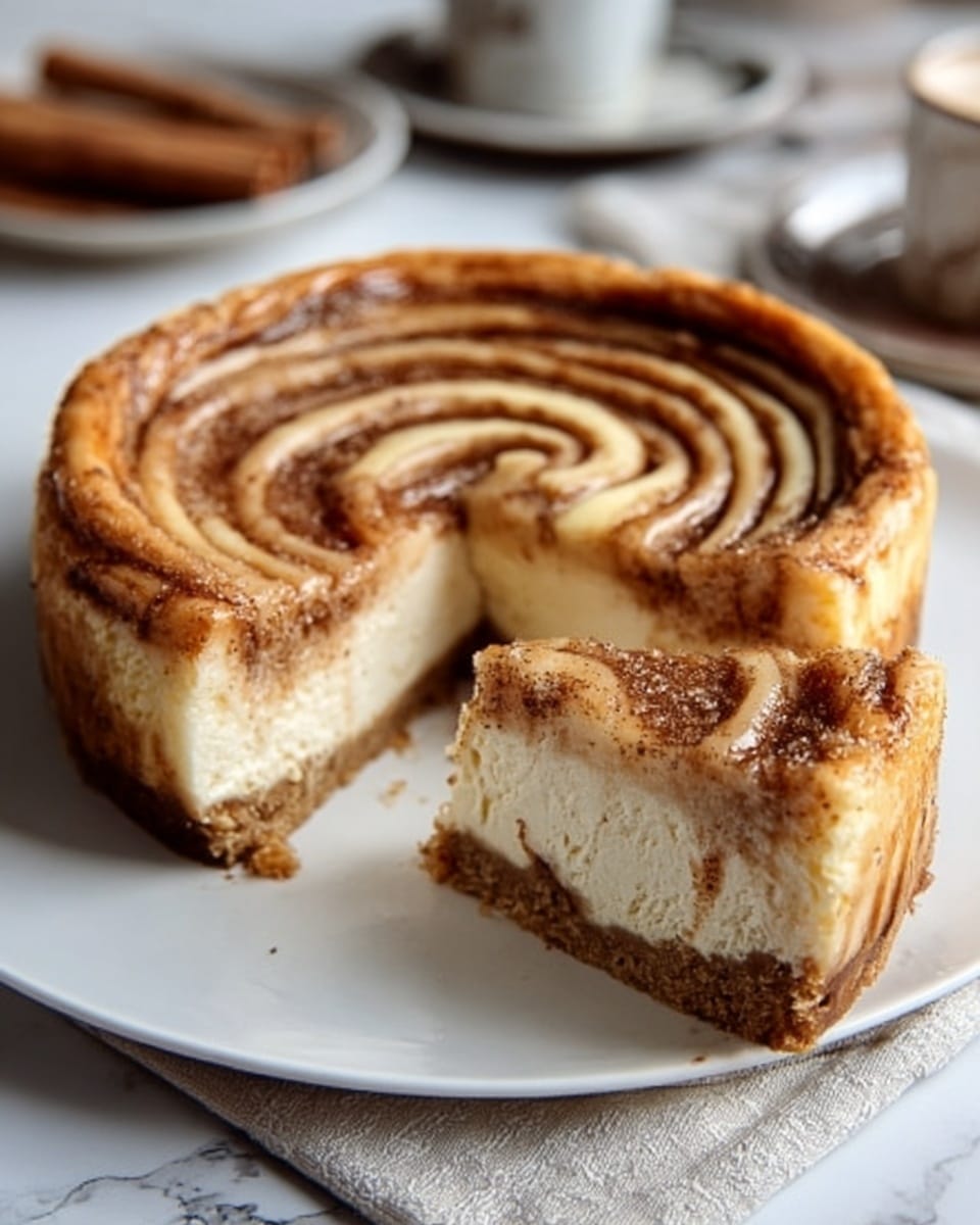 The image shows a cinnamon roll cheesecake on a white plate with a smooth, swirled top layer of light brown cinnamon sauce in a spiral pattern. The cheesecake has two clear layers: a creamy ivory layer in the middle and a golden brown crust at the bottom. There is a sliced piece missing, revealing the crisp crust edge and the creamy inside layer. The plate sits on a white marbled surface with a soft cloth underneath and blurred background elements like a cinnamon roll and a cup. Photo taken with an iphone --ar 4:5 --v 7