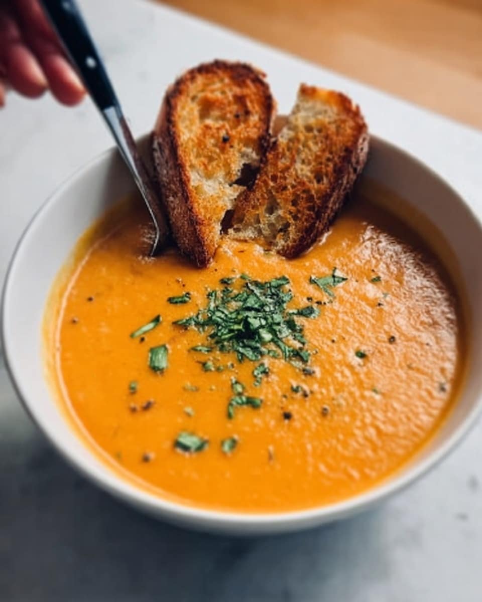 The image shows a white bowl filled with creamy orange soup, topped with finely chopped green herbs at the center. Resting inside the bowl, leaning slightly on the edge, are two pieces of toasted, golden-brown bread with a crispy texture. A silver spoon with a black handle is placed into the soup, held by a woman's hand, coming from the top left corner. The bowl sits on a white marbled surface with soft, natural lighting highlighting the textures. Photo taken with an iphone --ar 4:5 --v 7