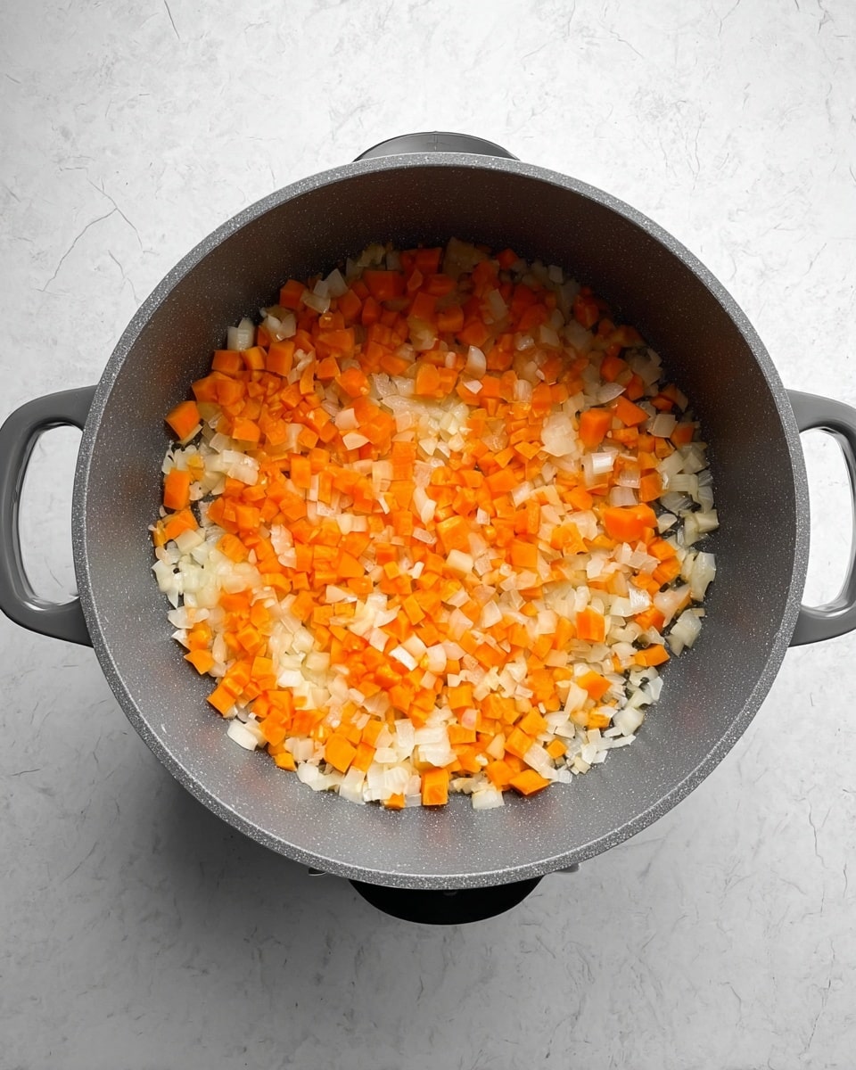 A large grey cooking pot with two handles is shown from above, placed on a white marbled surface. Inside the pot, there is a single layer of small diced vegetables: bright orange carrots and white onions, mixed evenly across the bottom. The vegetables have a soft, steamed texture with a slight gloss, suggesting they are cooking or sautéing. The image shows the pot centered with no other items or distractions. Photo taken with an iphone --ar 4:5 --v 7