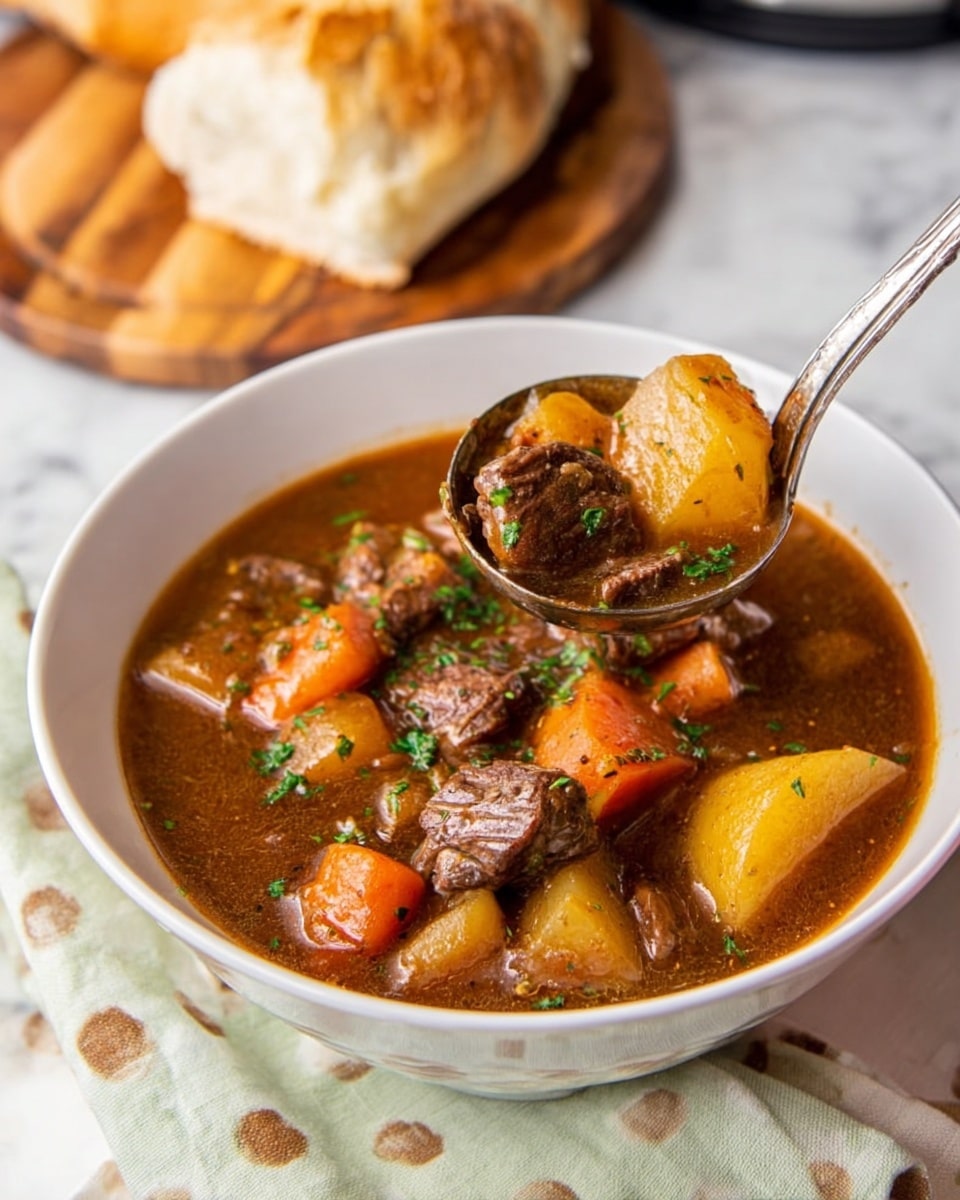 A white bowl filled with chunky beef stew is shown, with a thick brown broth covering pieces of tender beef, golden potatoes, and bright orange carrot slices. The stew is garnished with small bits of green parsley scattered on top. A silver ladle scoops up some of the stew, showing the juicy chunks of meat and vegetables up close. In the background, a piece of crusty bread rests on a round wooden board over a white marbled surface. The bowl is placed on a patterned cloth with pale green and brown spots. photo taken with an iphone --ar 4:5 --v 7