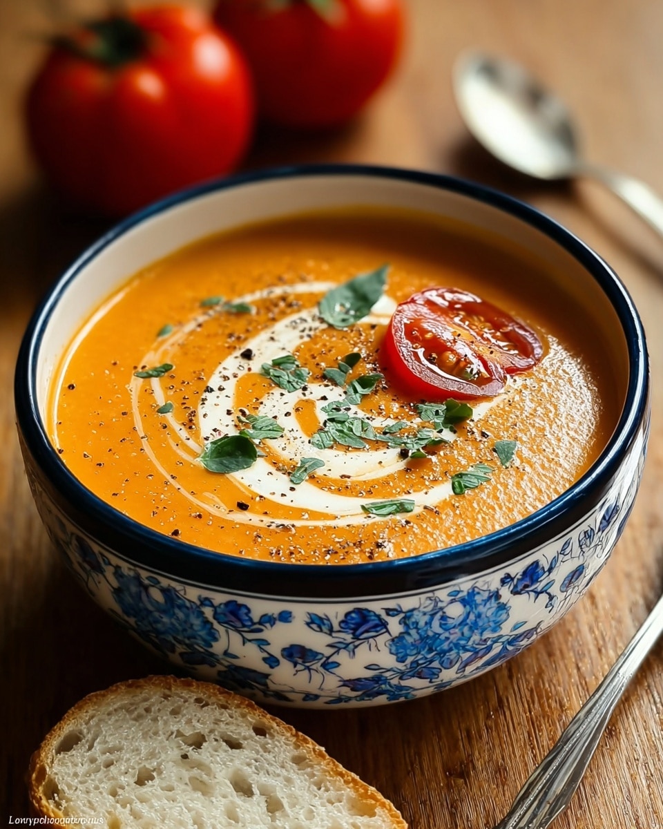 A bowl filled with smooth, thick orange soup, garnished on top with a swirl of white cream, a halved roasted tomato, green herb leaves, and a sprinkle of black pepper. The soup is served in a white bowl with a blue floral pattern around the sides and a dark rim. Next to the bowl, there is a slice of light brown crusty bread with a soft, porous inside. The bowl and the bread rest on a wooden surface with two whole tomatoes blurred in the background. Photo taken with an iphone --ar 4:5 --v 7