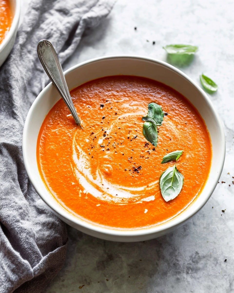 The image shows two white bowls filled with smooth, thick orange soup placed on a white marbled surface. Each bowl has a dollop of white cream in the center, topped with sprinkled crushed nuts and red chili flakes, adding textures and small green mint leaves for a fresh touch. A spoon rests inside the main bowl in the front, angled slightly inside the soup, and a piece of white cloth with black stripes lies nearby. The colors contrast well with the white bowl and marbled surface, making the soup look rich and inviting. photo taken with an iphone --ar 4:5 --v 7