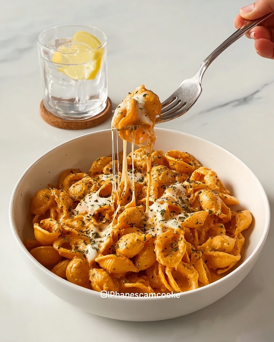 A white bowl filled with a creamy orange pasta, with small shell-shaped noodles covered in a smooth sauce. On top, melted white cheese stretches from the pasta to a fork held by a woman's hand, showing long, gooey strands. The pasta is sprinkled with dried green herbs for texture and color contrast. In the background, a clear glass of water with a slice of lemon sits on a coaster, all set on a white marbled surface. photo taken with an iphone --ar 4:5 --v 7