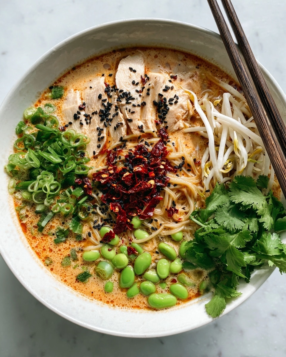 A white bowl filled with creamy orange broth forms the base of the dish. At the center are thin, light brown noodles topped with small bits of dark red chili flakes and black sesame seeds. On the left side, slices of light beige chicken rest over the broth, dotted with black sesame seeds and chili. Bright green chopped scallions sit below the noodles, while vibrant green edamame beans are placed below the chili-topped noodles on the right. To the right of the edamame, a small pile of white bean sprouts lies partially submerged. Fresh green cilantro leaves fill the top-right corner, adding texture and freshness to the bowl. Dark brown wooden chopsticks rest on the edge of the bowl. The whole scene is set on a white marbled surface photo taken with an iphone --ar 4:5 --v 7
