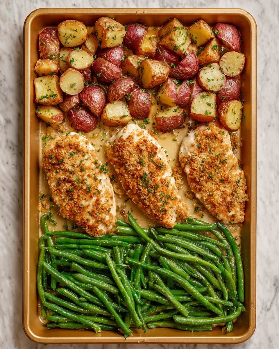 A white plate holds a meal with three main parts: on the left is a golden-browned, breaded chicken breast covered in crunchy breadcrumbs with some green herb bits sprinkled on top, to the right of the chicken are small, uneven chunks of roasted potatoes with browned edges and little green herbs on them, and at the bottom of the plate are bright green cooked green beans arranged parallel, showing a fresh texture. A silver knife and fork rest on the right edge of the plate. The plate is set on a beige tone white marbled surface, with a glass of water and a small bowl of mixed pepper nearby, and a bunch of fresh green cilantro on the upper right edge. Photo taken with an iphone --ar 4:5 --v 7