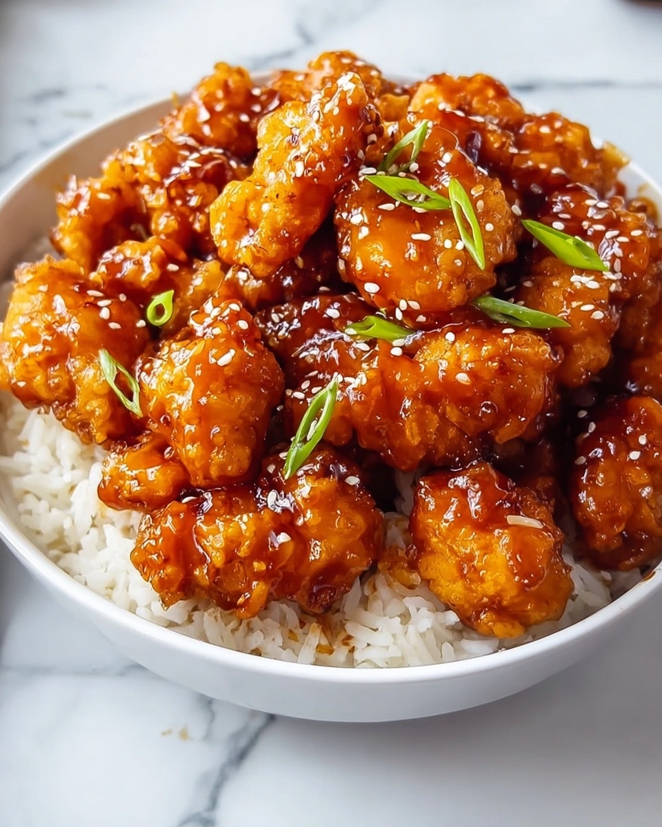 The image shows a white bowl filled with a base layer of fluffy white rice, topped with a generous layer of crispy, golden-brown fried chicken pieces that are glazed in a shiny, thick amber-colored sauce. The chicken pieces are evenly coated with the sauce that gives them a glossy texture, and they are sprinkled with small white sesame seeds. Scattered green onion slices add a pop of fresh green color on top. The bowl sits on a white marbled surface. Photo taken with an iphone --ar 4:5 --v 7
