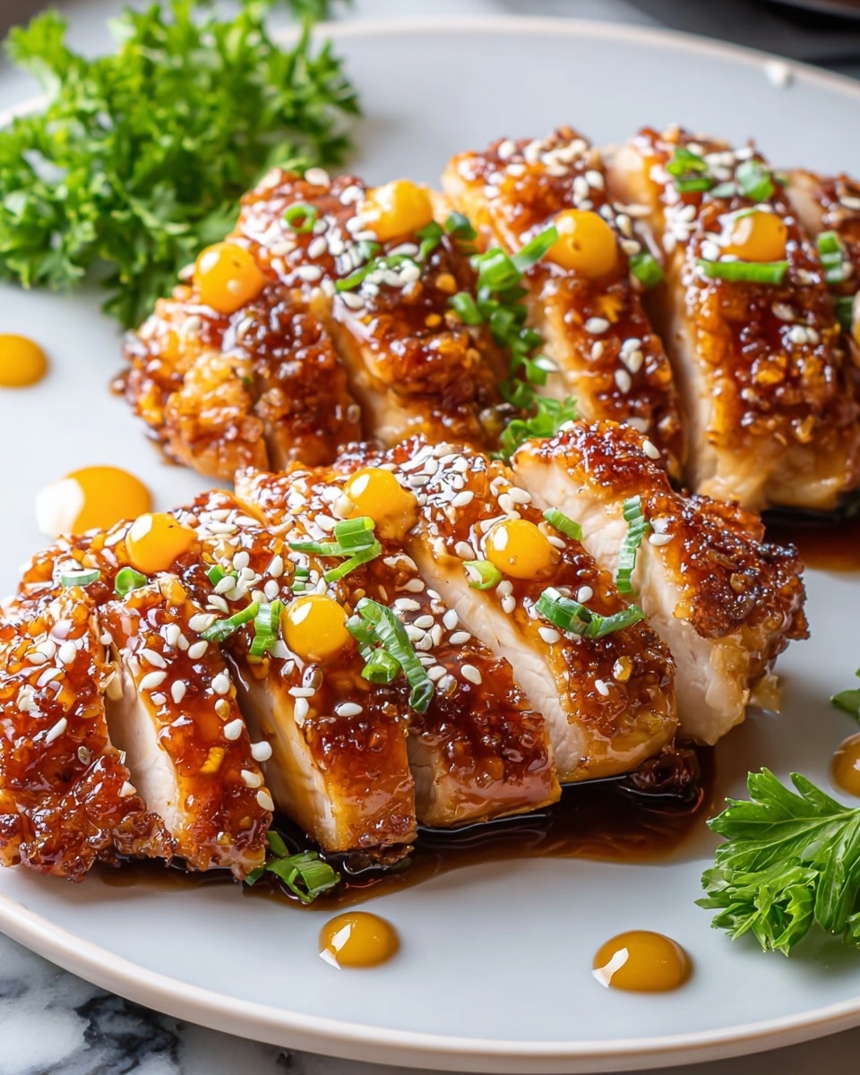 The image shows a white plate on a white marbled surface with two pieces of crispy fried chicken, one of which is sliced into thin strips revealing the juicy white meat inside. The chicken is golden brown with a crunchy texture and small specks of seasoning. Next to the chicken, there is a small glass bowl filled with amber-colored honey, with a wooden honey dipper resting in it. A small bunch of fresh green herbs is placed near the edge of the plate, adding a pop of color. The overall look is warm and inviting, highlighting the crispiness of the chicken and the sweetness of the honey. photo taken with an iphone --ar 4:5 --v 7