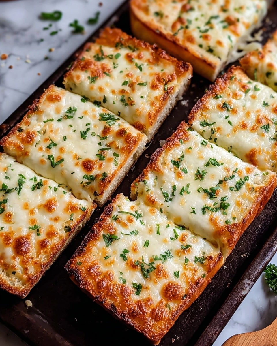 A woman's hand is picking up a piece of garlic cheese bread from a group of six pieces arranged on a white marbled texture covered with foil. The bread has two visible layers: a thick, golden-brown crust at the bottom with a soft, white inside, and a top layer of melted golden cheese mixed with small green parsley pieces spread evenly. The cheese is bubbly and slightly browned in spots, giving a textured look to the surface of each slice. photo taken with an iphone --ar 4:5 --v 7