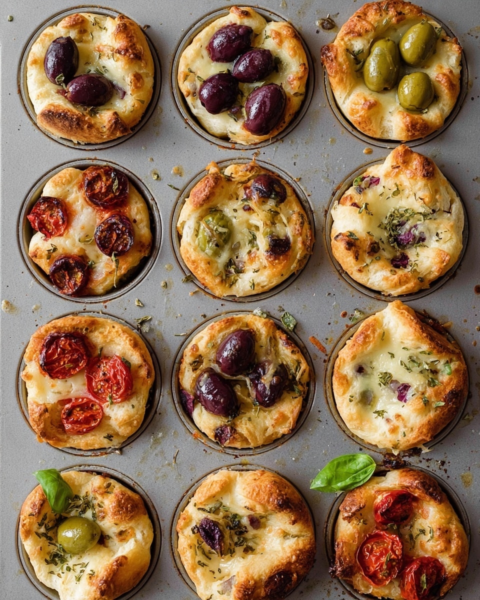 The image shows twelve small savory breads baked in a muffin tin with a white marbled background. Each bread is golden-brown and puffy with a soft texture, topped with different toppings. Four breads have dark purple olive slices and some herbs scattered on top. Four others are topped with green olives along with one or two dark purple olive slices. Three breads have red cherry tomato halves combined with green olives or dark purple olives, sprinkled lightly with herbs. The last three breads display melted cheese with scattered herbs, cherry tomato halves, and basil leaves for color contrast. The breads have uneven, rough edges that curve slightly over the baking cups. photo taken with an iphone --ar 4:5 --v 7