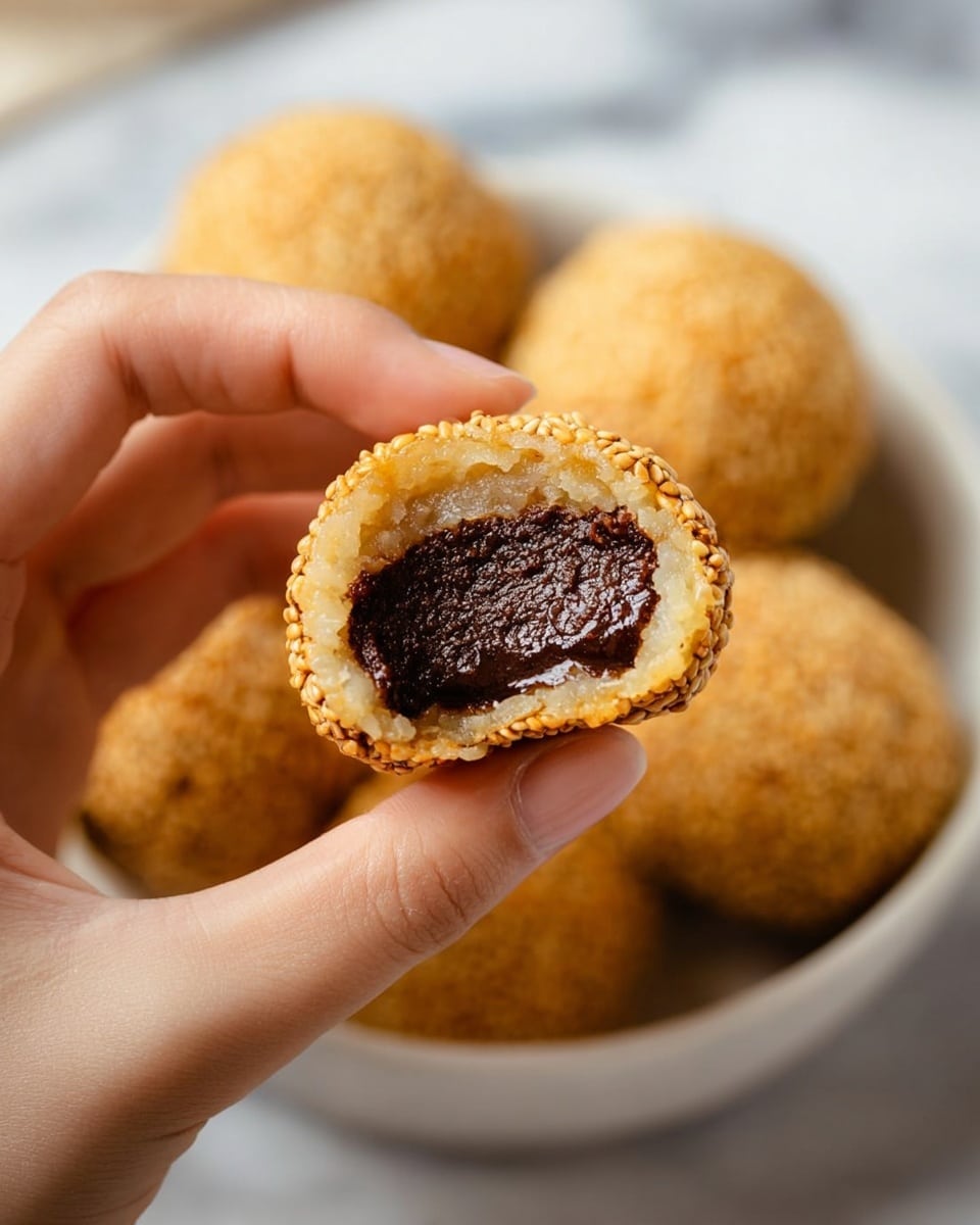 A close-up view of a round dessert held by a woman's hand, showing two main layers: the outer layer is golden brown with sesame seeds giving it a slightly crunchy texture, while inside there is a thick, dark brown filling that looks smooth and dense. The dessert is broken in half to display the rich filling inside. In the background, several similar round desserts sit in a white bowl on a white marbled surface. The lighting highlights the textures and colors clearly. photo taken with an iphone --ar 4:5 --v 7