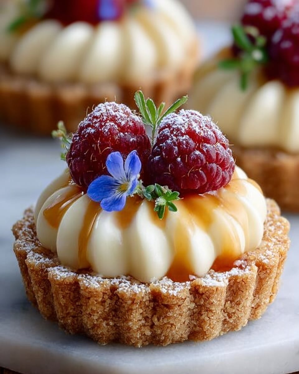 The image shows a close-up of a small tart on a white marbled surface, each tart having a crumbly light brown crust as the base layer. On top of the crust is a thick, smooth layer of creamy white filling, piped in a neat swirl shape. At the center of the cream, two bright red raspberries sit closely together, with a small blue flower and a few green leaves placed beside them. There is a light dusting of white powdered sugar over the tart and a bit of golden caramel drizzle on the cream. The focus is sharp on the tart in the foreground, with another tart slightly blurred in the background. Photo taken with an iphone --ar 4:5 --v 7