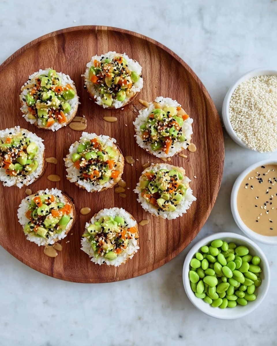 A round wooden platter holds eight small rice cups arranged in a loose circle. Each cup has a white rice base sprinkled with black sesame seeds on the outer edge, topped with a colorful mix of green edamame beans, orange carrot pieces, and light green avocado or cucumber chunks. A light brown sauce is drizzled over the rice cups and the wooden surface. At the top right of the image, two small white bowls contain plain white rice grains and bright green edamame beans. The background is a white marbled texture. Photo taken with an iphone --ar 4:5 --v 7