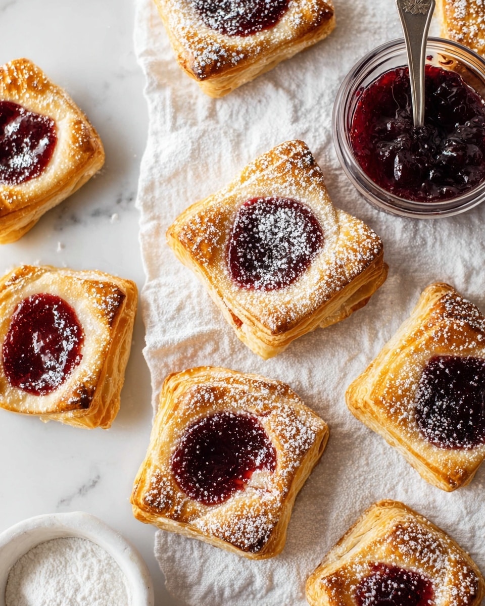 Several square pastries with golden brown, flaky layers form the base, each topped with a glossy, deep red jam filling in the center. The jam looks thick and slightly shiny, sitting neatly within a raised border of puff pastry. The pastries are lightly dusted with white powdered sugar, adding a soft contrast on the warm tones. They rest scattered on a white marbled surface covered with a white textured cloth. Near the top right corner, a small clear glass container holds more dark red jam with a silver spoon inside. Near the bottom left corner, there is a white bowl with some powdered sugar spilling out. photo taken with an iphone --ar 4:5 --v 7