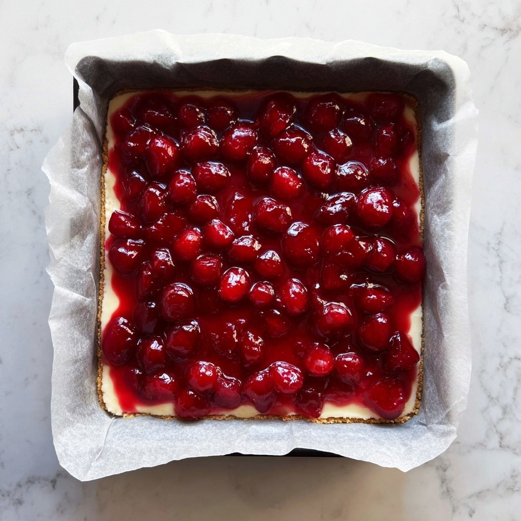 A square baking pan lined with crinkled white parchment paper holds a two-layer dessert, with a thick, pale golden crust forming the base layer and a glossy, vibrant red cherry filling on top. The cherries are plump and round, suspended in a rich, translucent gel that spreads unevenly to the edges, allowing some hints of the crust to peek through beneath. The photo is taken from above on a white, subtly marbled countertop, emphasizing the contrasting colors and textures between the layers. photo taken with an iphone --v 7.0