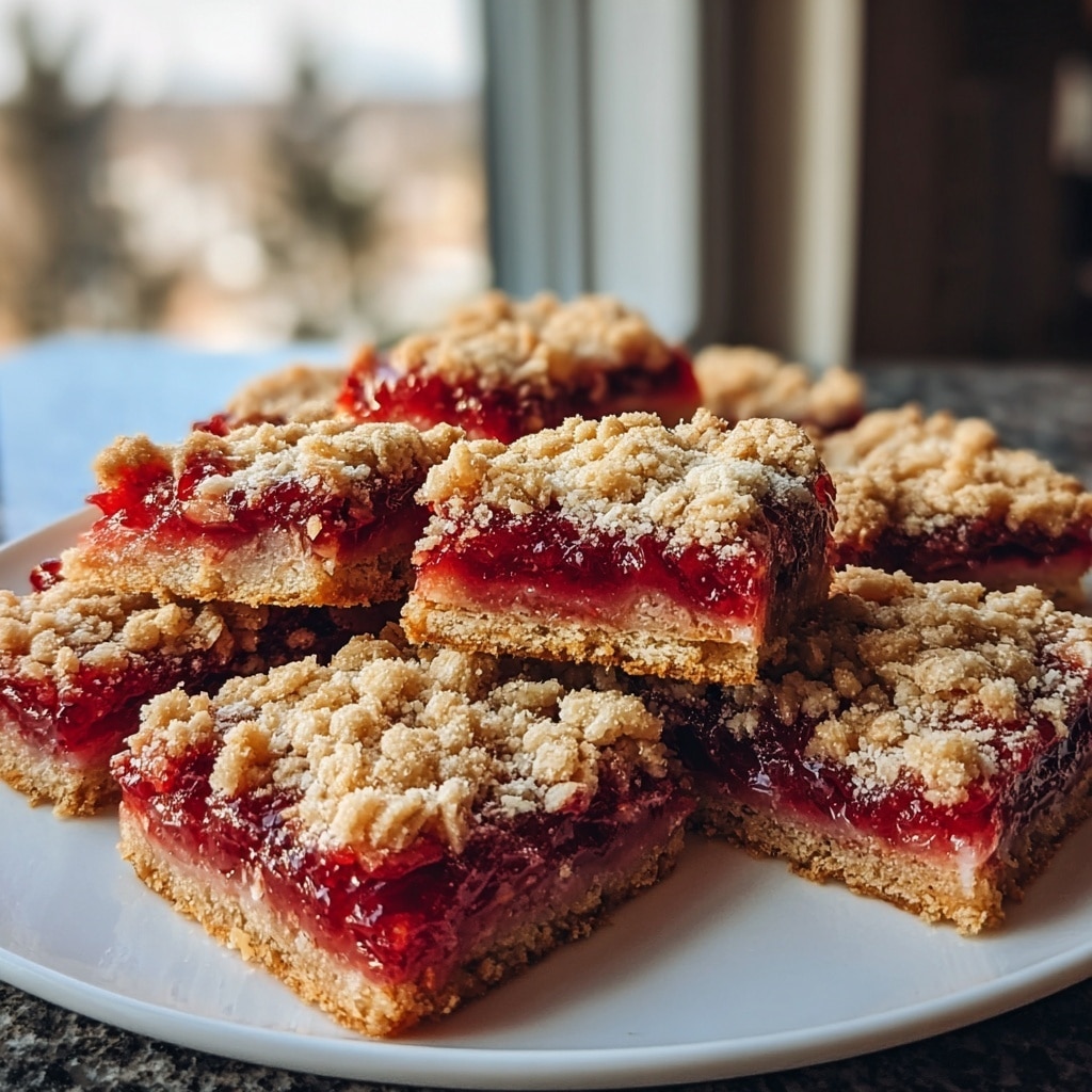 These strawberry rhubarb crumb bars are shown sliced into squares, each piece displaying three distinct layers. The bottom layer is a golden-brown, crumbly shortbread crust with a slightly uneven and rustic texture. Above that, a thick middle layer of glossy red strawberry and rhubarb filling sits vibrantly, highlighted with chunks of softened fruit and a sticky, syrupy finish. The top layer is a generous crumble with oat flakes, golden brown in color, creating a coarse and slightly chunky texture. The bars are arranged on a plate, revealing their layered structure, with the bright red filling contrasting against the neutral tones of the crust and crumb, photo taken with an iphone --v 7.0