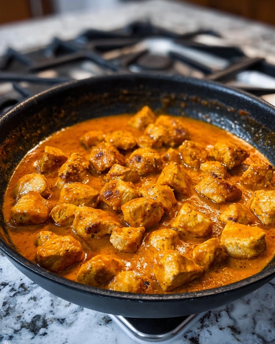 The image shows a black pan filled with many chunks of cooked chicken, each piece coated in a thick, rich orange sauce with some browned edges. The chicken pieces are scattered evenly across the pan, sitting in a smooth, slightly shiny sauce that has a warm, creamy look. The pan is set on a white marbled countertop with a stove burner visible in the background. photo taken with an iphone --ar 4:5 --v 7