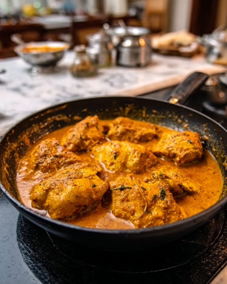 The image shows a black frying pan filled with several large pieces of golden-brown chicken covered in thick, rich, orange curry sauce with visible spices and herbs. The chicken pieces sit fully in the sauce, which has a creamy texture and slight oil sheen on top. The pan is placed on a dark stovetop with blurred kitchen items in the background, all set on a white marbled surface. Photo taken with an iphone --ar 4:5 --v 7