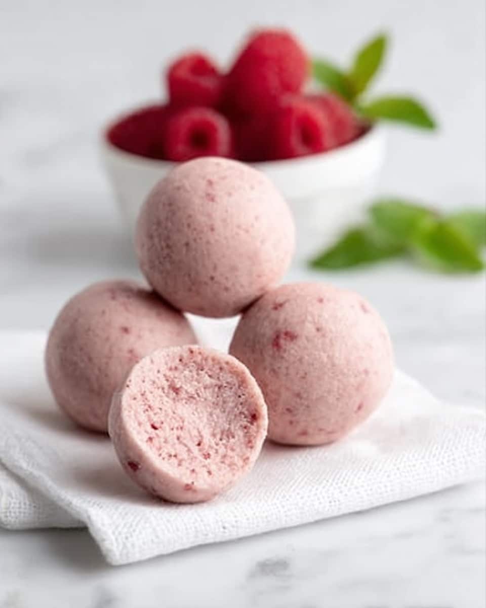 The image shows four round, pinkish snack balls made from a soft, smooth texture. Three of the balls are whole and placed in a loose group on a white cloth, while one ball is cut in half, revealing a slightly crumbly, dense interior with small specks throughout. In the background, there is a white bowl filled with bright red raspberries and a couple of green mint leaves, all set on a white marbled surface. The lighting is soft and natural, creating gentle shadows around the balls. Photo taken with an iphone --ar 4:5 --v 7