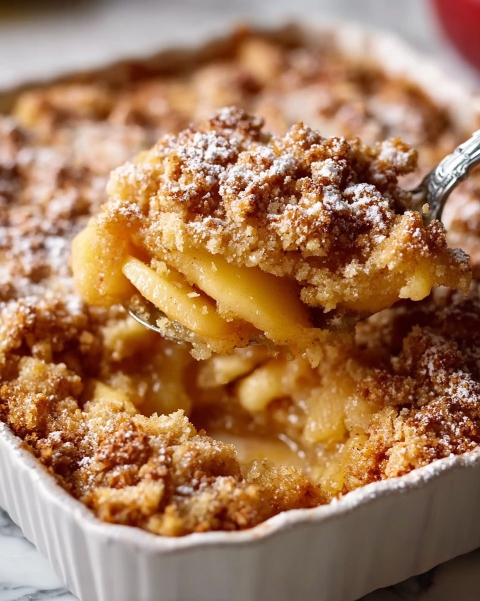 A close-up of a baked apple crumble in a white ceramic baking dish on a white marbled surface, showing three distinct layers: the bottom layer is golden and soft apple slices with a glossy texture, the middle layer is a thick, gooey sauce blending into the apples, and the top layer is a crumbly, golden-brown streusel sprinkled with powdered sugar, giving it a slightly snowy look; a spoon is lifting a portion of the crumble, highlighting the contrast between the crunchy topping and the moist fruit below. Photo taken with an iphone --ar 4:5 --v 7