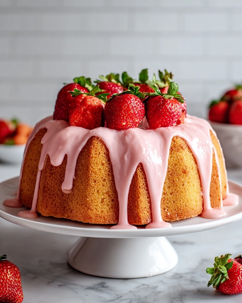 A single-layer bundt cake with a golden brown texture sits on a white cake stand, covered in a smooth, thick pink glaze dripping unevenly halfway down the sides. On top, there is a neat layer of whole and halved fresh red strawberries with green leaves, adding a bright, fresh touch. The background features a white marbled surface, and some strawberries are scattered around the stand. photo taken with an iphone --ar 4:5 --v 7