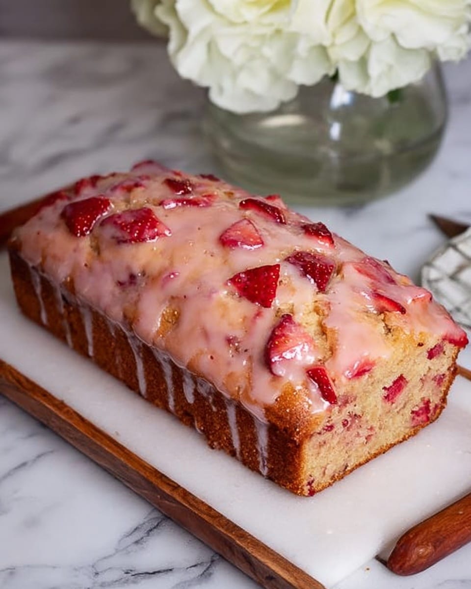 A rectangular loaf cake sits on a white tray with wooden edges, placed on a white marbled surface. The cake has two visible layers; the base layer is a golden brown with a soft texture, studded with small pieces of red strawberries. The top layer is covered with a thick glaze that is light pink and glossy, dripping slightly down the sides of the cake. More small chunks of strawberries are spread evenly across the glazed surface, adding texture and color contrast. To the left of the cake, there is a clear glass vase holding large white flowers, creating a fresh and simple background. photo taken with an iphone --ar 4:5 --v 7