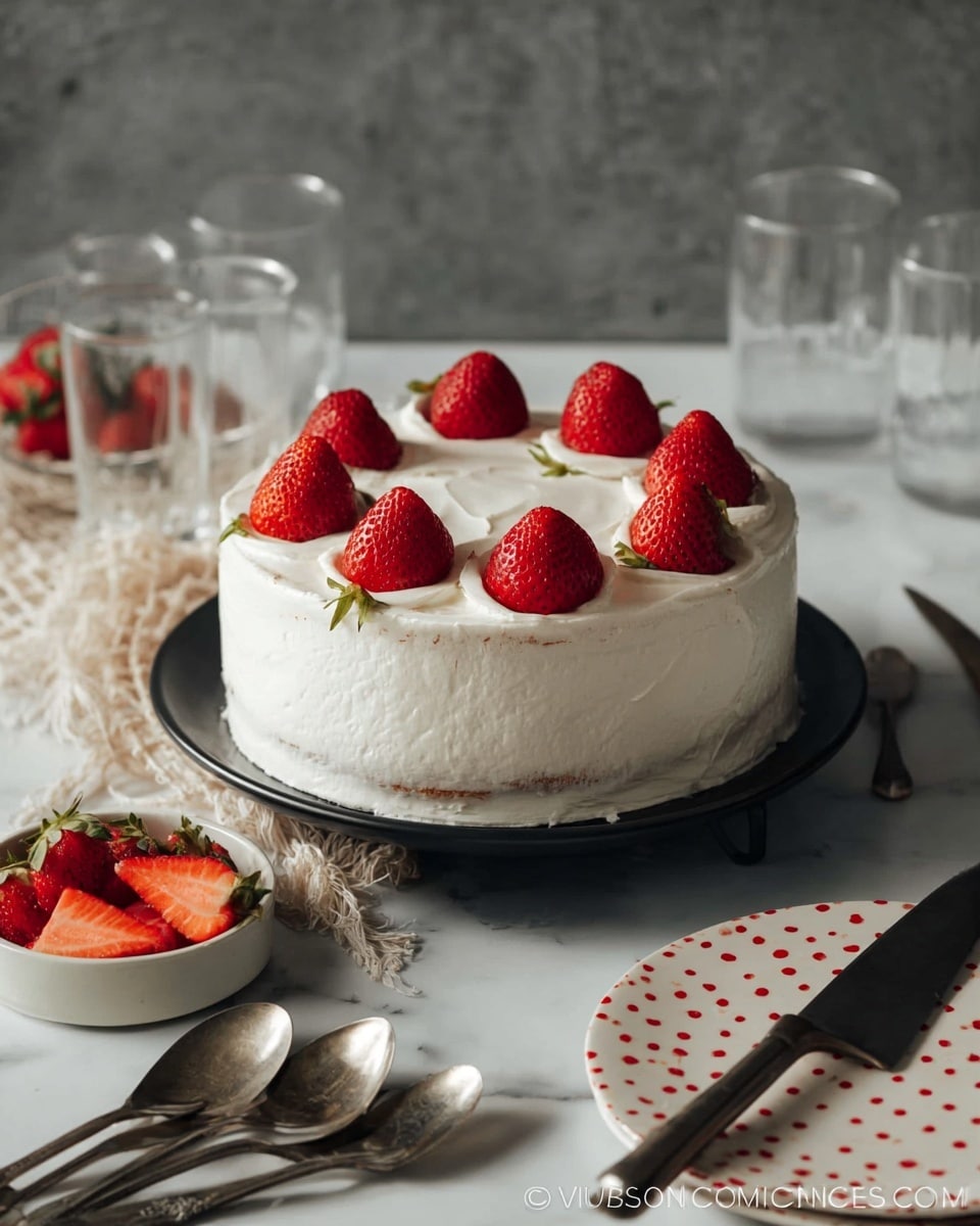 A slice of light yellow sponge cake with two layers separated by thick white cream containing pieces of red strawberries; the top layer is covered with smooth white cream and topped with a whole red strawberry, all placed on a white plate with red dots and a silver spoon beside it, on a white marbled surface with a blurred background showing more cake slices on a white cake stand photo taken with an iphone --ar 4:5 --v 7