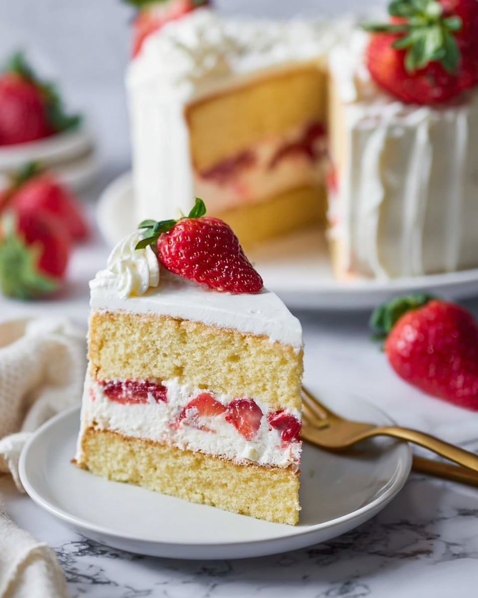 A two-layer round cake with light golden sponge and white cream between and around the layers, with the cream spread thinly on the sides, showing the sponge underneath. The top has a ring of thick white cream swirls, and fresh whole and halved strawberries with green leaves are placed on top of the cream swirls and scattered around the base. The cake sits on a round white marble board on a white marbled surface, with some strawberries nearby, a gold fork and knife in the foreground, and a turquoise cloth softly blurred in the background. Photo taken with an iphone --ar 4:5 --v 7