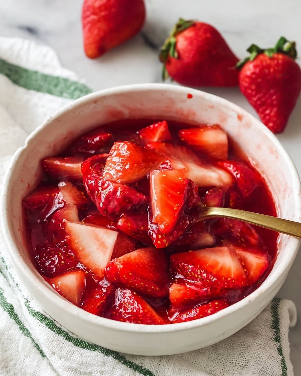 A white bowl filled with a mix of sliced strawberries soaking in a red, juicy syrup. The strawberries vary in size and are bright red with white edges, floating on the surface and partially submerged in the thick, glossy liquid. A golden spoon is inside the bowl, lifting some strawberry pieces. The bowl sits on a white marbled surface with a white cloth that has green stripes in the background. Three whole strawberries with green tops are placed around the bowl. Photo taken with an iphone --ar 4:5 --v 7