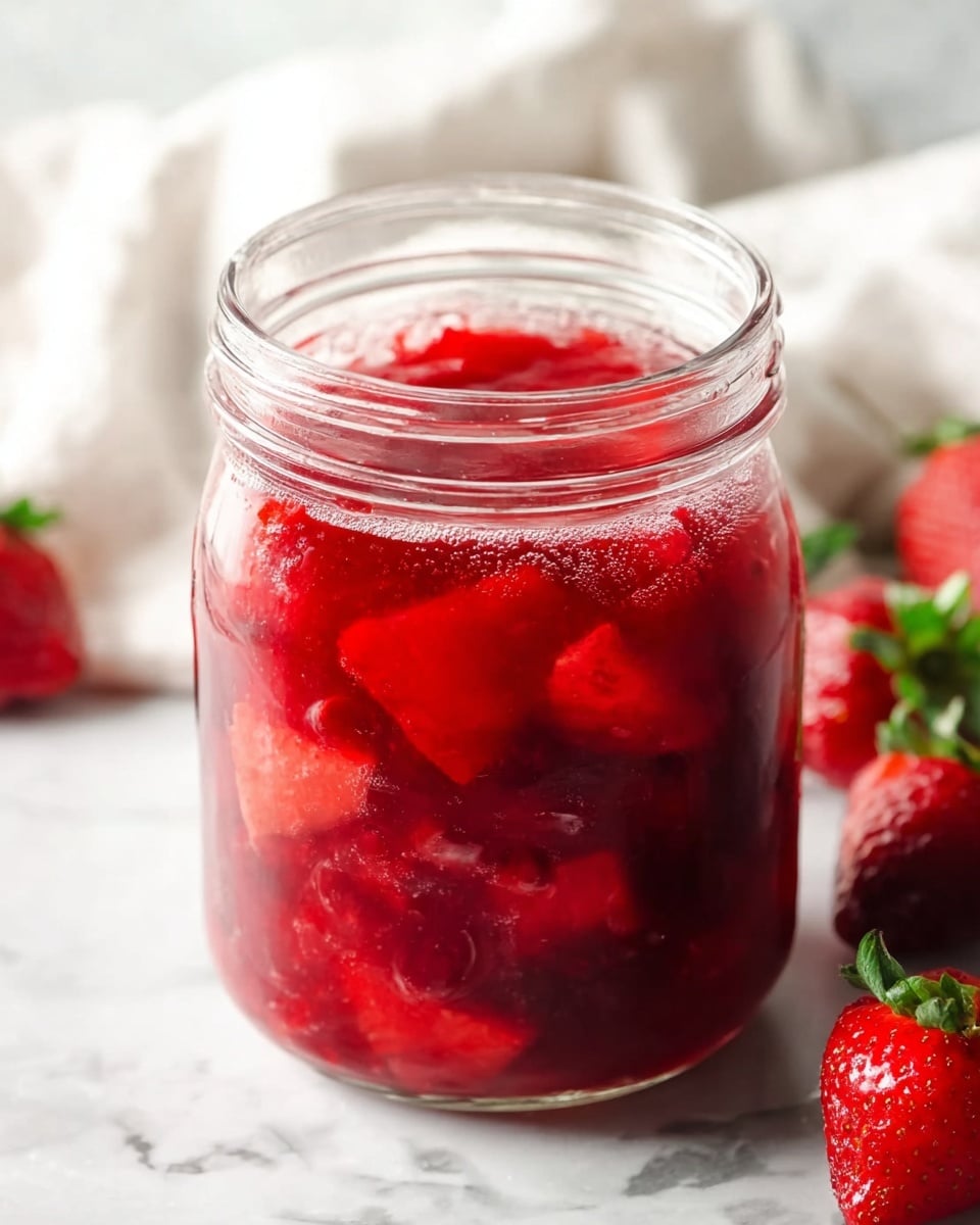 A clear glass jar filled with bright red strawberry compote, showing chunks of strawberries in syrupy juice, with a few small bubbles on the surface. The jar is placed on a white marbled texture, and fresh whole strawberries with green leaves are seen nearby, with a soft white cloth blurred in the background. The light is natural, highlighting the glossy texture of the fruit inside the jar. photo taken with an iphone --ar 4:5 --v 7