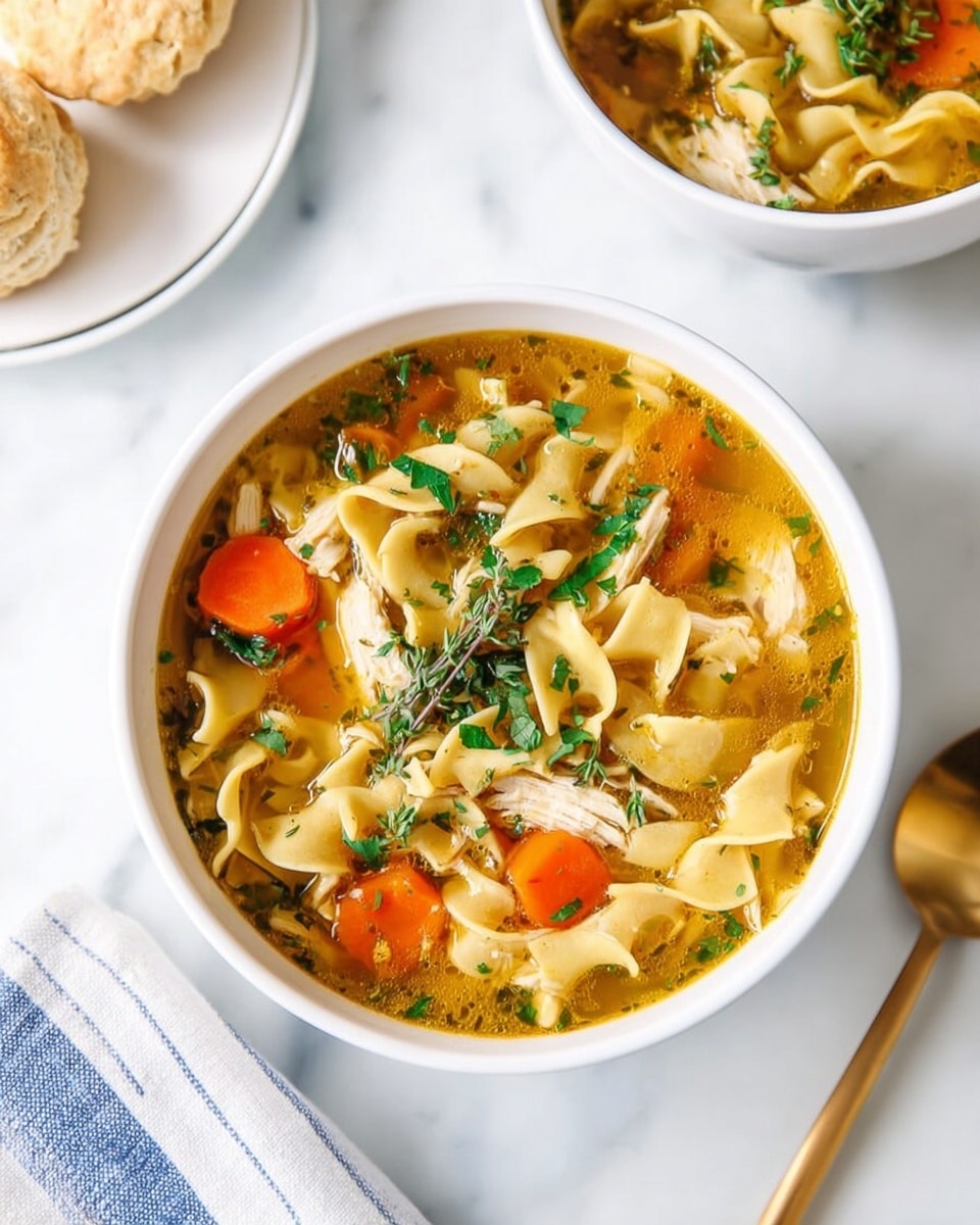 The image shows a white bowl filled with chicken noodle soup placed on a white marbled surface. The soup has three main layers: at the bottom, a clear golden broth with small herbs floating in it, followed by thick, flat egg noodles that are pale yellow and slightly curled, and bright orange carrot slices scattered throughout. Pieces of cooked white chicken meat are visible among the noodles. The top layer is sprinkled with fresh chopped green herbs and a small sprig of thyme for garnish. In the background, part of another bowl of soup and a white plate with a biscuit are visible. A gold spoon rests on a white and blue striped cloth near the bowl. Photo taken with an iphone --ar 4:5 --v 7