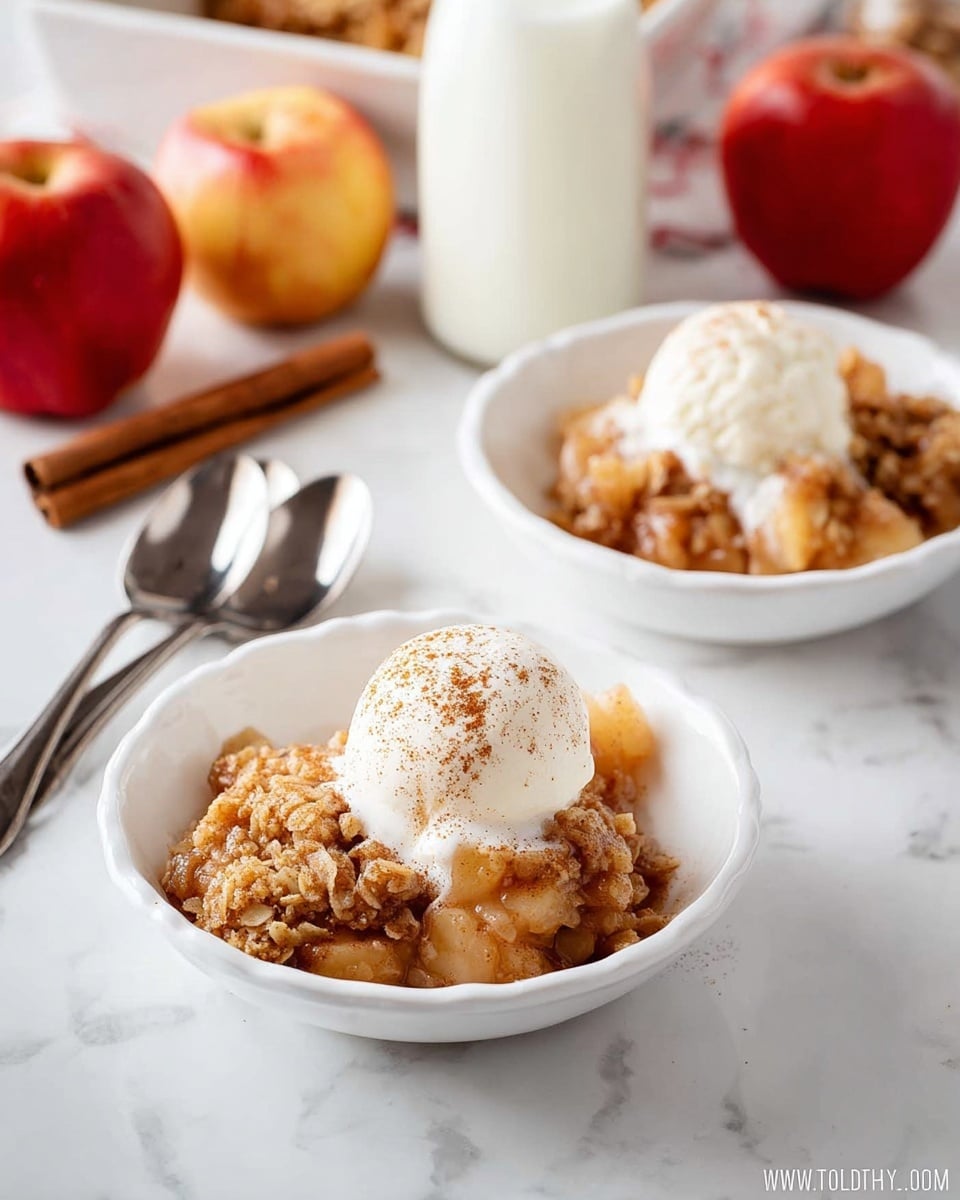 A white bowl filled with a warm apple crumble dessert, showing roughly chopped, soft brown apples coated with cinnamon and sugar on the bottom layer and topped with a crumbly, golden-brown streusel layer that looks crisp and textured. On top, there is a large scoop of creamy white vanilla ice cream melting slightly and sprinkled with a light dusting of cinnamon powder. In the soft-focus background, there are red apples and another white bowl with the same dessert, placed on a white marbled surface. photo taken with an iphone --ar 4:5 --v 7
