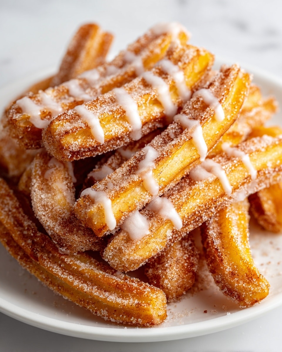 A plate filled with golden brown churros stacked in layers, each churro coated evenly with granulated sugar and cinnamon, giving a slightly rough texture. Some churros have a smooth, white glaze drizzled over them in thin, uneven lines. The churros vary in length and thickness, showing crispy edges and soft, ridged surfaces. The plate is white and set against a white marbled texture background. photo taken with an iphone --ar 4:5 --v 7
