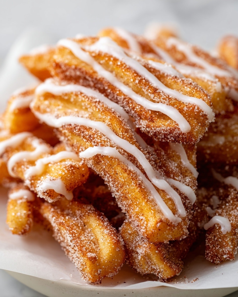 A close-up view of many golden-brown fried strips coated thickly with a mix of sugar and cinnamon, making the surface grainy and sparkly, with a light, creamy white drizzle of icing spread thinly in lines across the top, all piled casually on white parchment paper inside a white plate, the background showing a soft white marbled texture. photo taken with an iphone --ar 4:5 --v 7