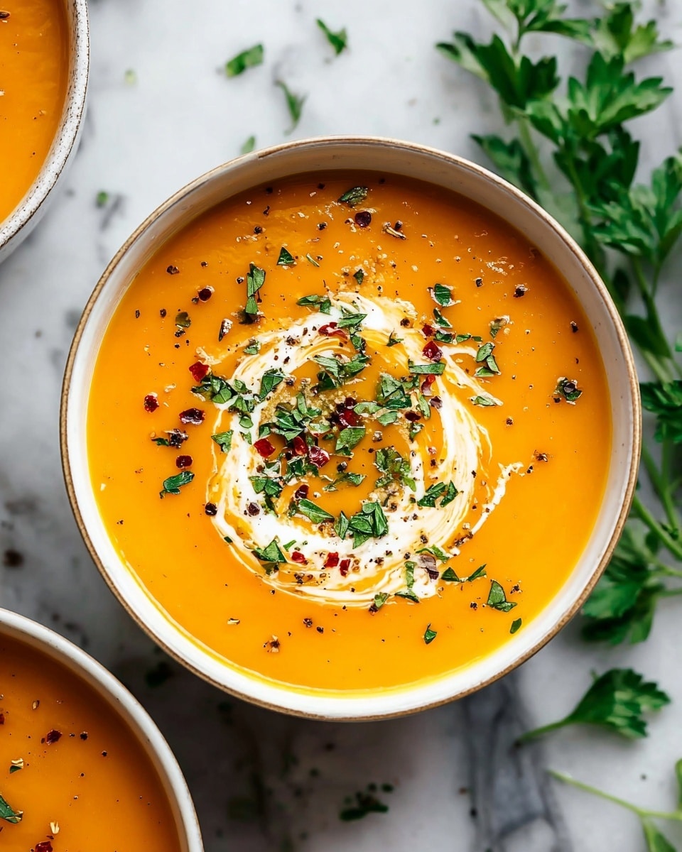 A white bowl filled with smooth, bright orange soup, topped with a swirl of white cream in the center. The cream swirl is garnished with finely chopped green herbs and scattered black pepper and red chili flakes. The bowl sits on a white marbled surface, with some fresh green parsley off to the side and hints of scattered herbs around. Another similar bowl is partially visible at the top left corner of the image. photo taken with an iphone --ar 4:5 --v 7