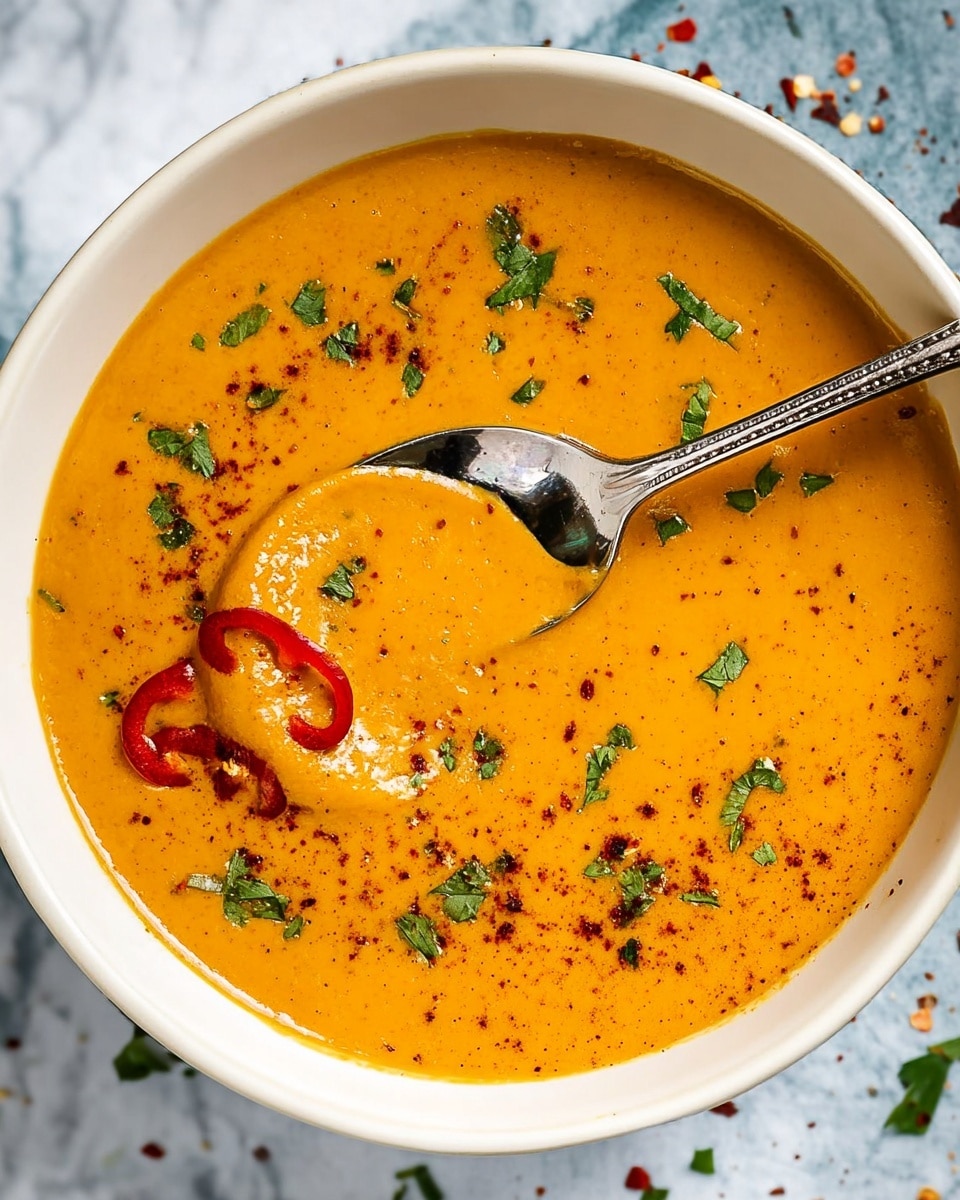 A white bowl filled with smooth, creamy orange soup that has a thick texture, topped with small chopped green herbs scattered on the surface, thin slices of red chili, and a light dusting of red spice powder evenly spread. A spoon with a reflective silver handle is scooping some soup from the bowl, showing the creamy texture more closely. The bowl sits on a white marbled surface with small scattered red chili flakes around it. photo taken with an iphone --ar 4:5 --v 7