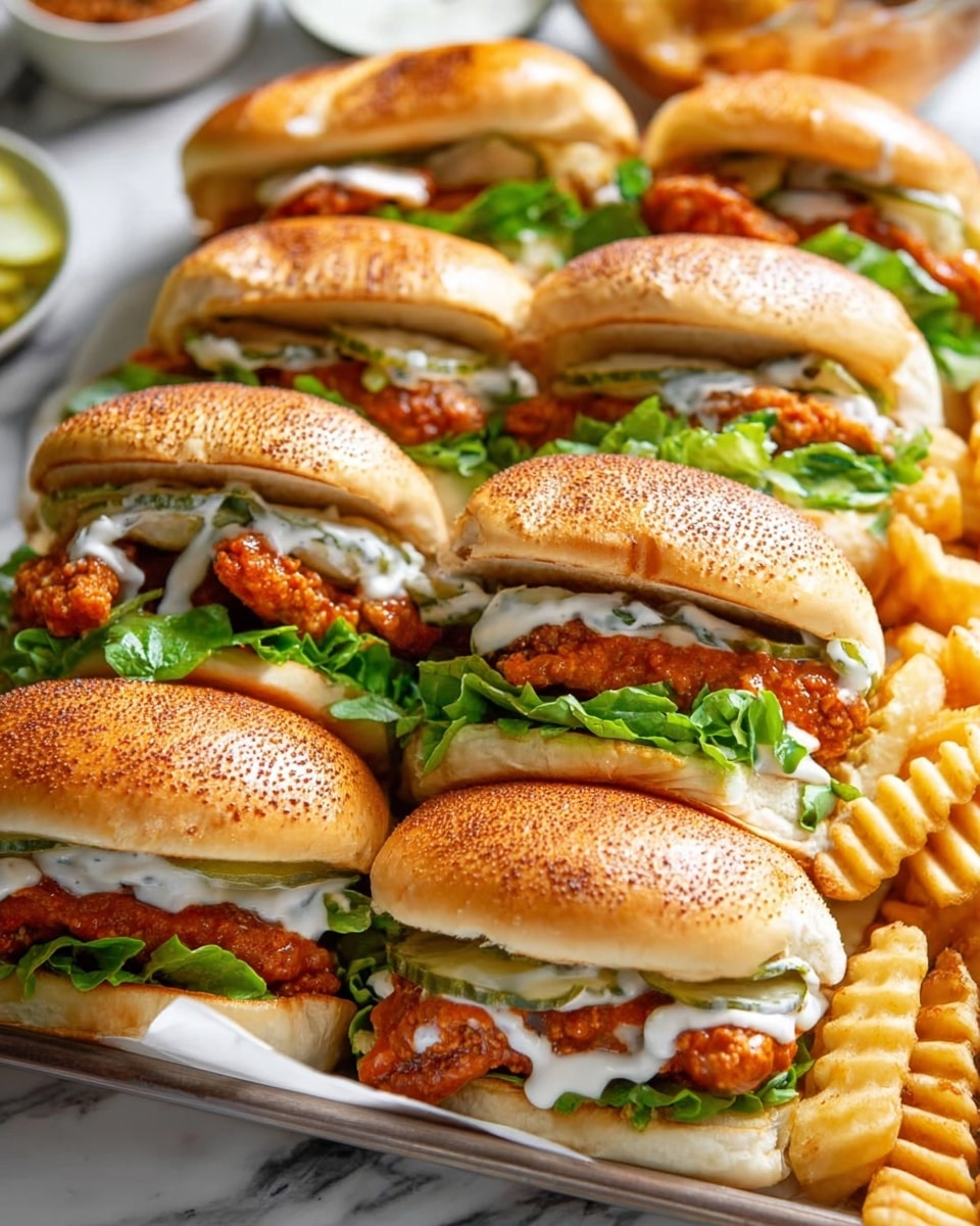 The image shows a tray filled with multiple small sandwiches stacked closely together. Each sandwich has a golden-brown, lightly toasted top bun with a dusting of spices, visible grill marks, and a soft texture. Inside, there are layers of bright green leafy lettuce at the bottom, a thick piece of reddish-orange crispy fried chicken coated in sauce in the middle, and a generous layer of white creamy sauce drizzled on top. Some sandwiches also show slices of pickles beneath the lettuce. The sandwiches rest on white parchment paper, and there are seasoned crinkle-cut fries on the side of the tray. The background surface is a white marbled texture. Photo taken with an iphone --ar 4:5 --v 7