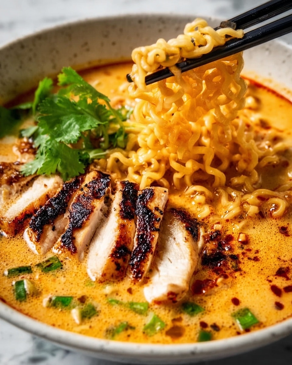 A white bowl filled with rich, creamy broth, topped with curly yellow noodles that fill most of the bowl. On top, there is a layer of grilled chicken slices with golden-brown grill marks, placed in the center. To one side are deep reddish-brown pieces that look like cooked minced meat or spicy sauce. On the opposite side, bright green chopped scallions add a fresh touch. The bowl sits on a white marbled surface. photo taken with an iphone --ar 4:5 --v 7