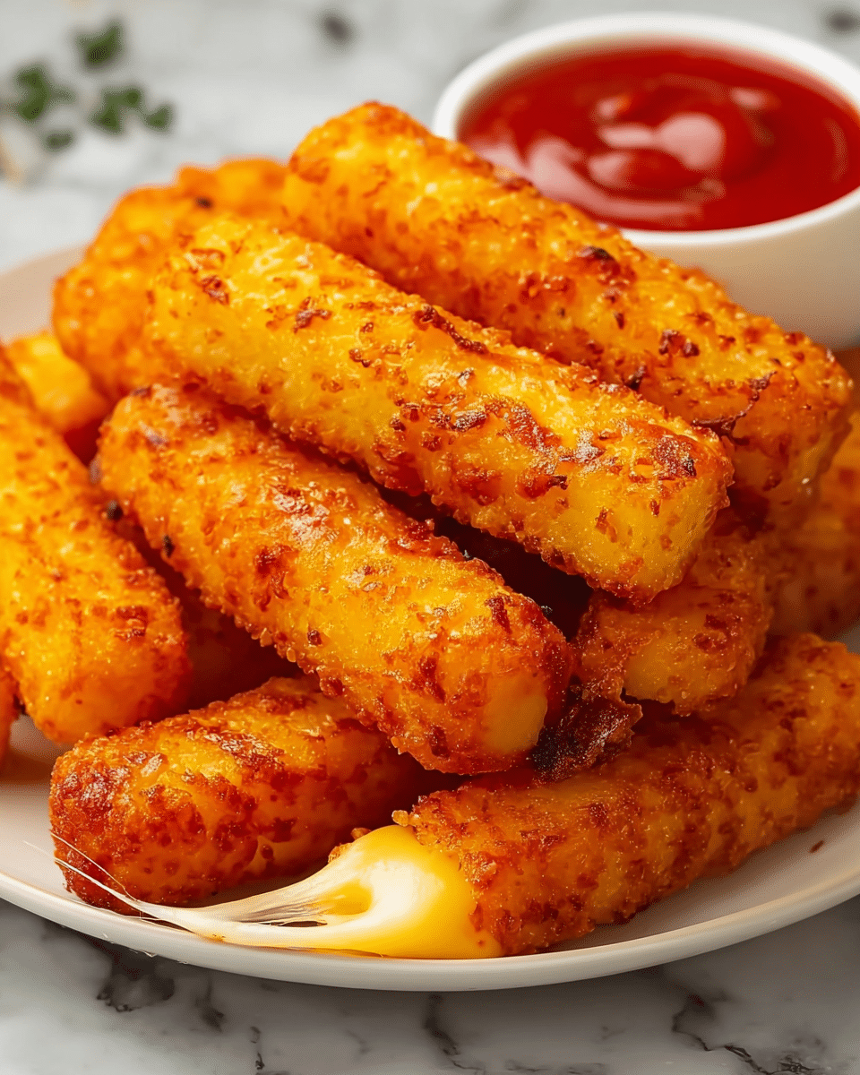 The image shows a close-up of golden, crispy cheese sticks arranged in neat rows on a white surface with a white marbled texture. Each stick has a light yellow, soft interior with a bubbly, melted cheese layer on the outside, turning golden brown at the edges. Small green herb pieces are sprinkled lightly on top, adding a touch of color. The cheese sticks look freshly baked or fried, with a crunchy texture on the outside and a soft inside. The background is blurred, emphasizing the cheese sticks in the foreground. photo taken with an iphone --ar 4:5 --v 7
