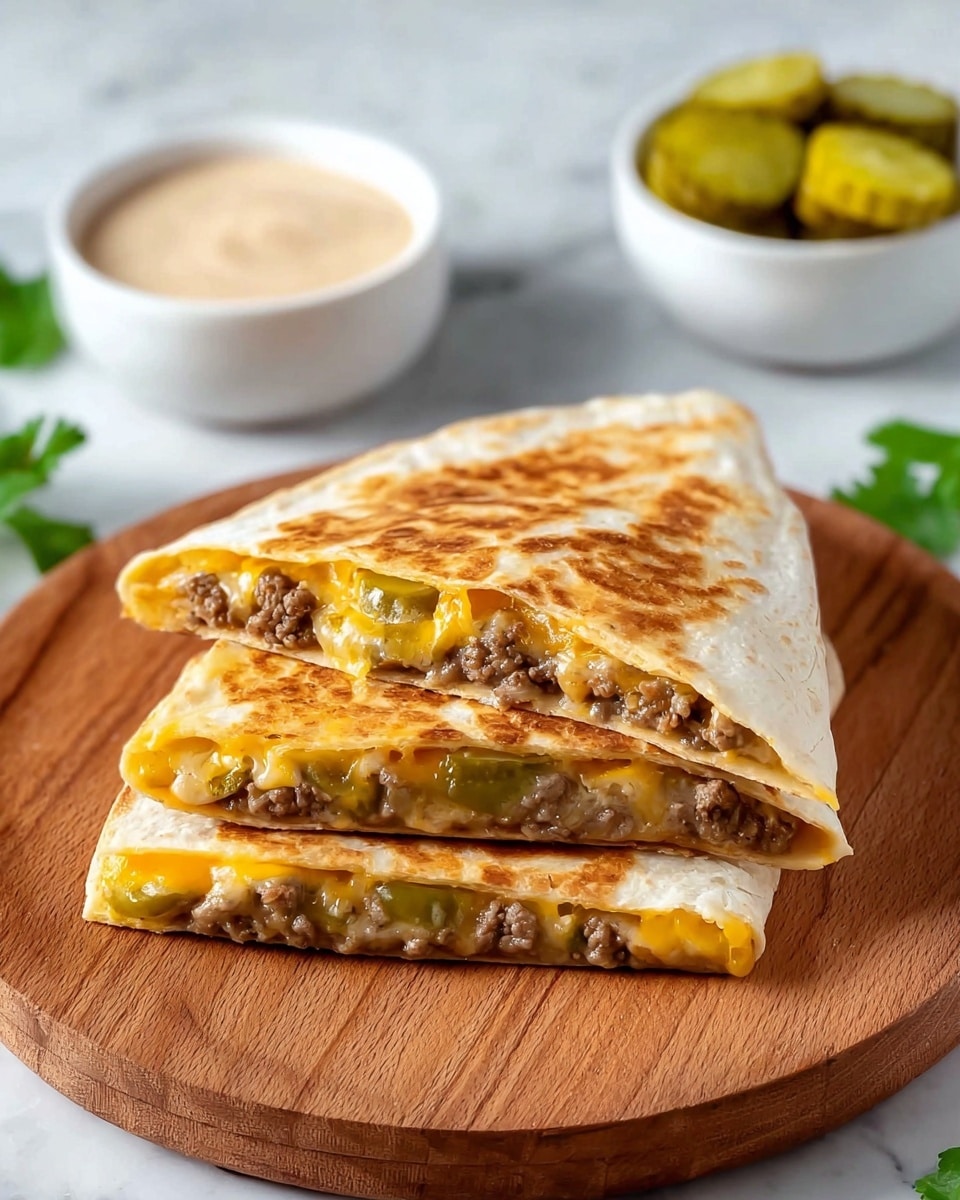 Two folded quesadilla pieces stacked on a round wooden board, each quesadilla showing two layers of toasted light golden tortillas surrounding a filling of melted yellow and white cheese, seasoned cooked ground beef, and slices of pickles. In the background, there are two small white bowls, one containing sliced pickles and the other filled with a creamy beige sauce. The scene is set on a white marbled surface. photo taken with an iphone --ar 4:5 --v 7