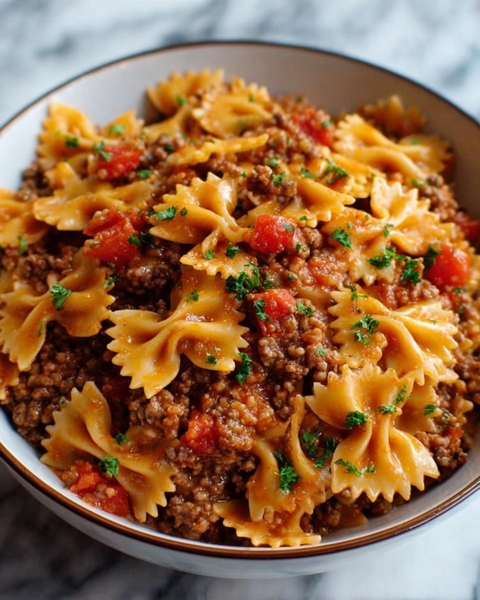 A close-up image showing a deep white bowl filled with a layered pasta dish. The dish has a base layer of small, round grains mixed with minced meat that looks brown and crumbly. On top of this is a layer of cooked farfalle pasta, which is light orange with a smooth texture. Scattered on the pasta are bright red chopped tomatoes and small green herb leaves, adding splashes of color. The whole dish looks moist with a slight shine, and the bowl is set against a white marbled surface in soft light. Photo taken with an iphone --ar 4:5 --v 7