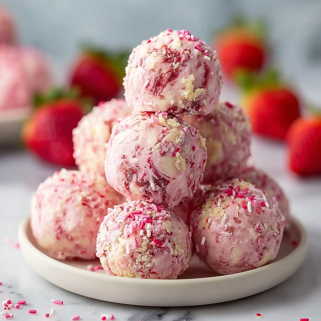 A close-up photo featuring a small stack of round, pink dessert balls arranged on a simple white plate, each ball covered in a marbled mixture of creamy pink and pale white with flecks of dark red strawberry pieces and topped liberally with crunchy pink and ivory sprinkles; the surface has a soft, textured appearance and the plate sits on a white marble surface, with fresh strawberries and blurred background elements adding pops of deep red and green; there are no visible inner layers, just a single consistent texture throughout each ball, resembling a creamy, chunky strawberry treat; photo taken with an iphone --v 7.0