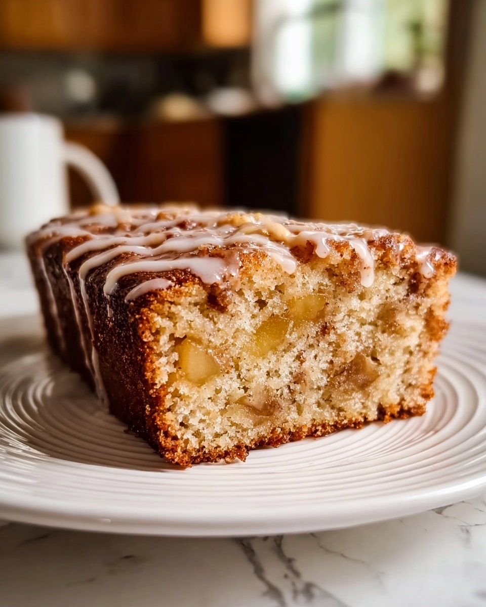 A close-up view of a single thick slice of moist cake resting on a white plate with subtle concentric ridges. The cake has one layer filled with light brown chunks that seem to be apple or nuts, with a soft, crumbly beige texture surrounding them. The surface of the cake is topped with a darker golden-brown crust with a shiny drizzle of white glaze running in thin, uneven lines across the top. The background shows a softly blurred indoor kitchen setting with warm tones, all set on a white marbled surface. Photo taken with an iphone --ar 4:5 --v 7