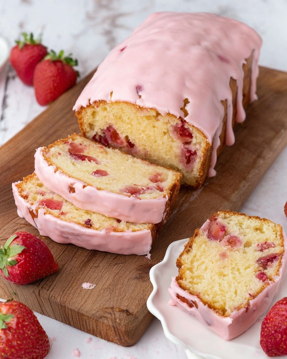 A loaf cake with two large slices cut from it, showing a soft, light yellow inside filled with pieces of red strawberries. The outside of the cake is covered in a smooth, thick layer of light pink icing that drapes over the sides. The cake sits on a wooden cutting board with some strawberry crumbs scattered around, and fresh whole strawberries are placed near the cake. In the bottom right corner, a slice on a white plate with a scalloped edge shows the pink icing coating the base and sides. The background is a white marbled surface. Photo taken with an iphone --ar 4:5 --v 7