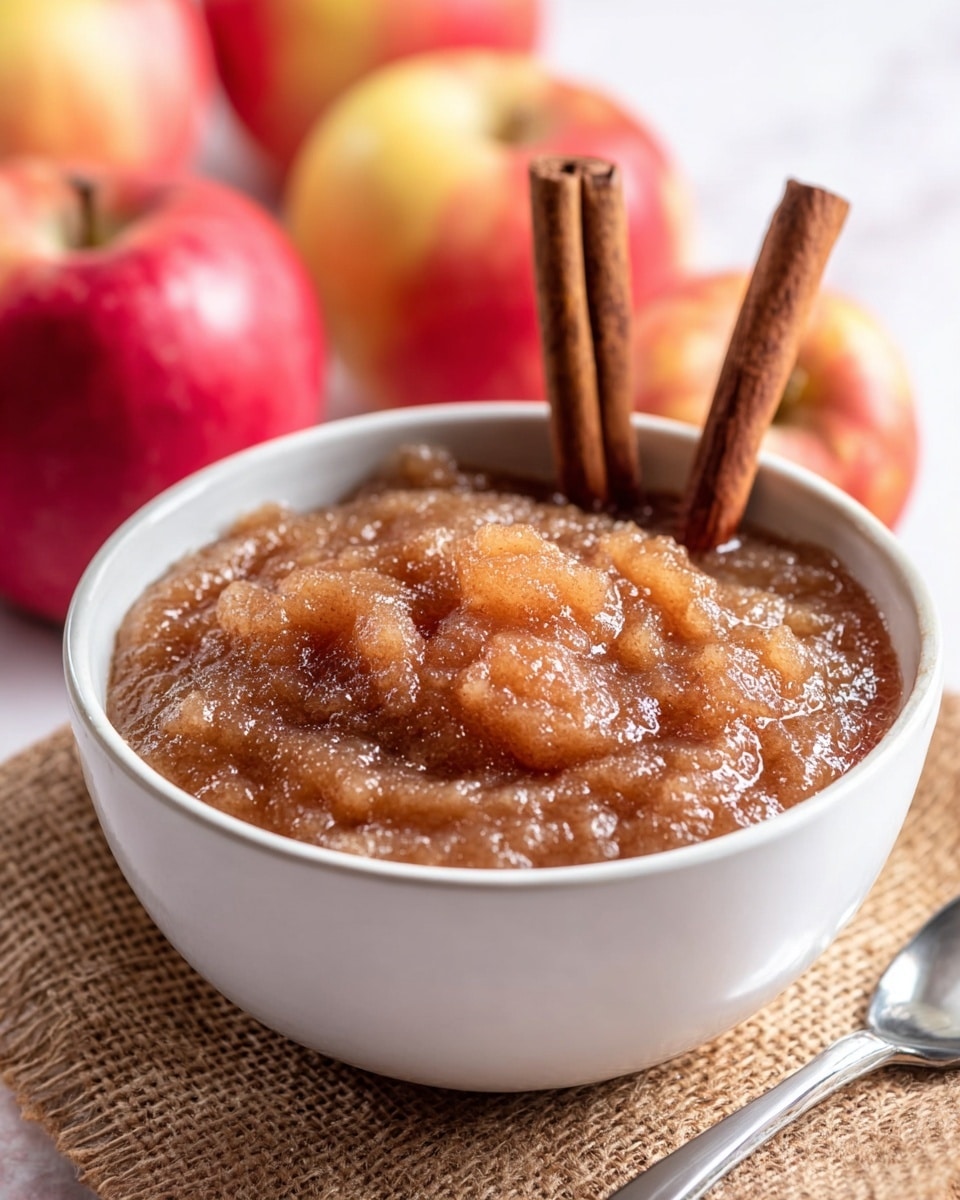 A close-up shot of a white bowl filled with chunky, brownish apple sauce with a slightly glossy surface, showing small pieces of apple throughout the mixture. Two cinnamon sticks stand upright in the center of the bowl, adding a vertical element. The bowl rests on a textured light-brown burlap fabric. In the background, there are several whole apples with red and yellow skin, softly blurred. In the front bottom corner, the rounded edge of a metal spoon is visible. The whole setting is placed on a white marbled texture; photo taken with an iphone --ar 4:5 --v 7