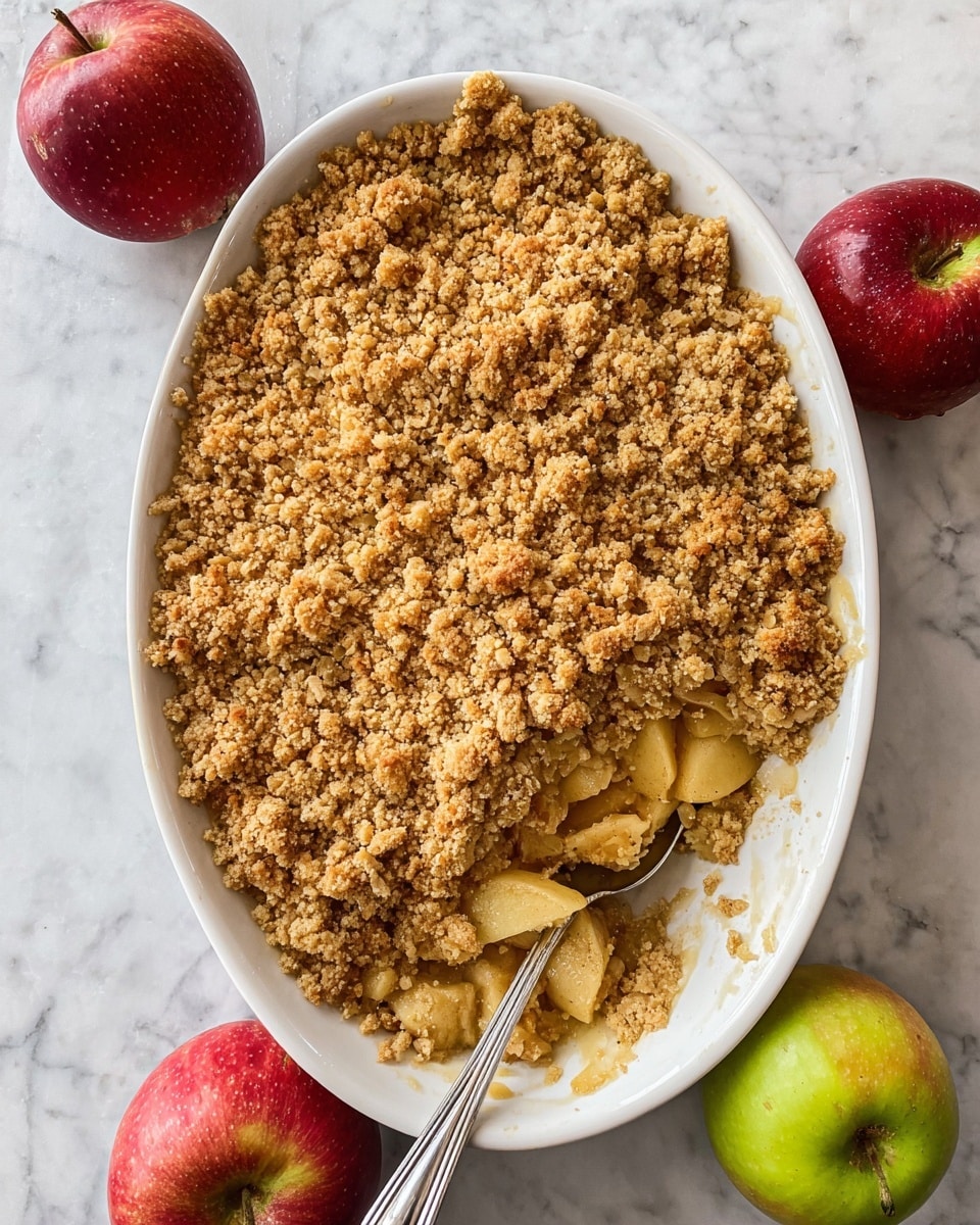 A white oval dish filled with apple crumble, showing two layers: a golden brown, crumbly oat topping with small clumps and a rough texture covering the entire surface, and underneath, thin slices of soft, cooked apple with a light yellow color that are slightly visible where the topping has been scooped out. The dish is placed on a white marbled surface, surrounded by four fresh red and green apples. A silver spoon is partially inserted on the right side of the dish, resting inside the crumble with its handle leaning on the edge. Photo taken with an iphone --ar 4:5 --v 7